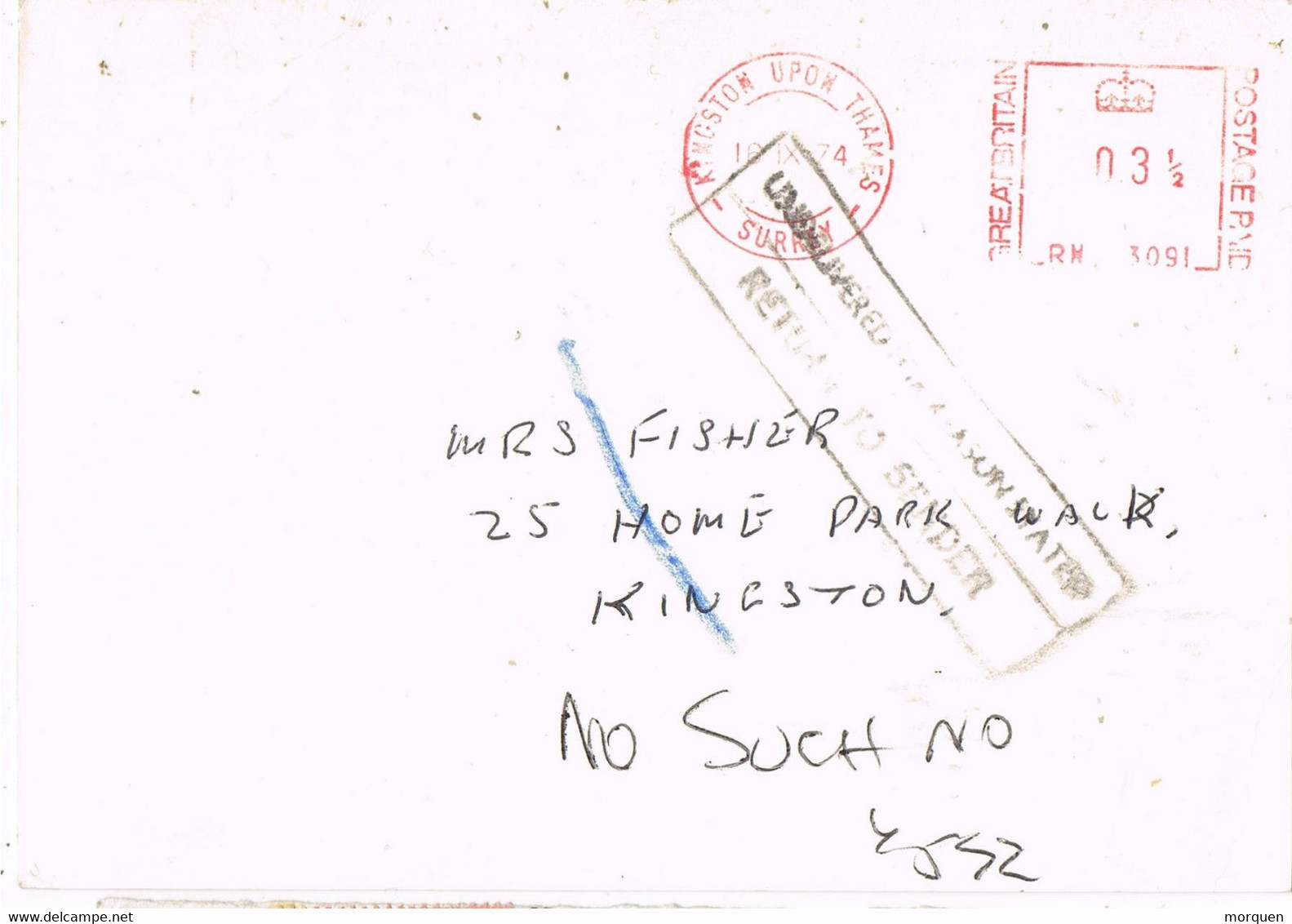 37846. Tarjeta KINGSTON Upon THAMES (England) 1974. Franqueo Mecanico. RETOURN To SENDER - Ohne Zuordnung