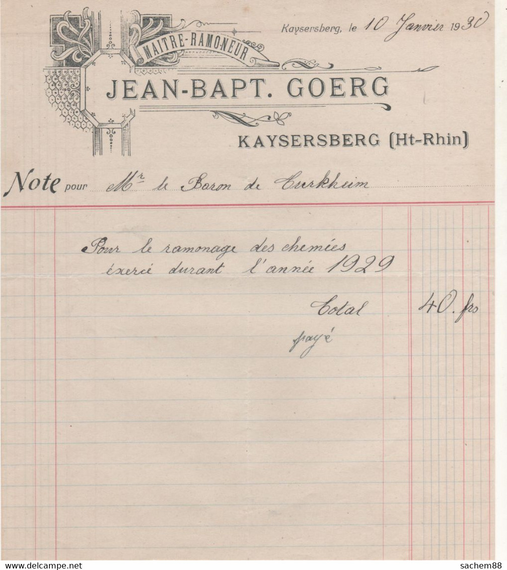 FACTURE KAYSERSBERG  68  JEAN BAPT GOERG MAITRE RAMONEUR - 1900 – 1949