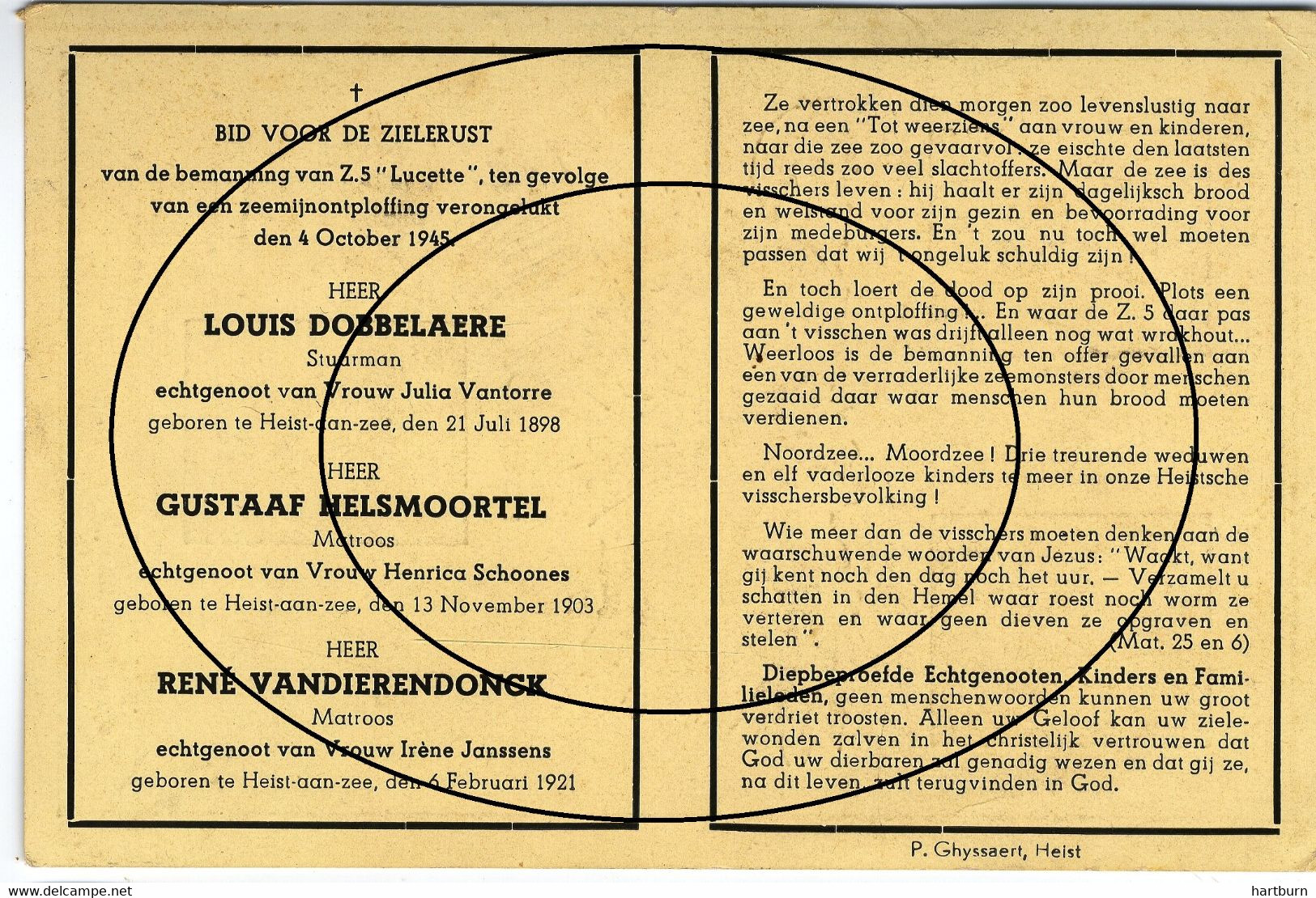 Z.5 Lucette (bemanning Vergaan Op Zee) Heist, Zeebrugge  (visser,zeeman) - Images Religieuses