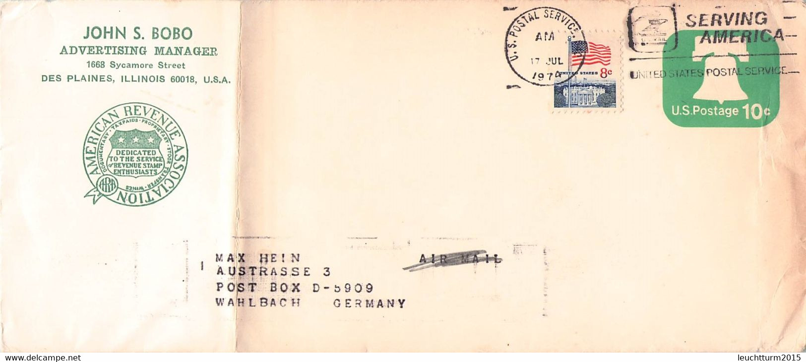 USA - STATIONARY ENVELOPE 10c > WAHLBACH/GERMANY Sc #567 /AS235 - 1961-80