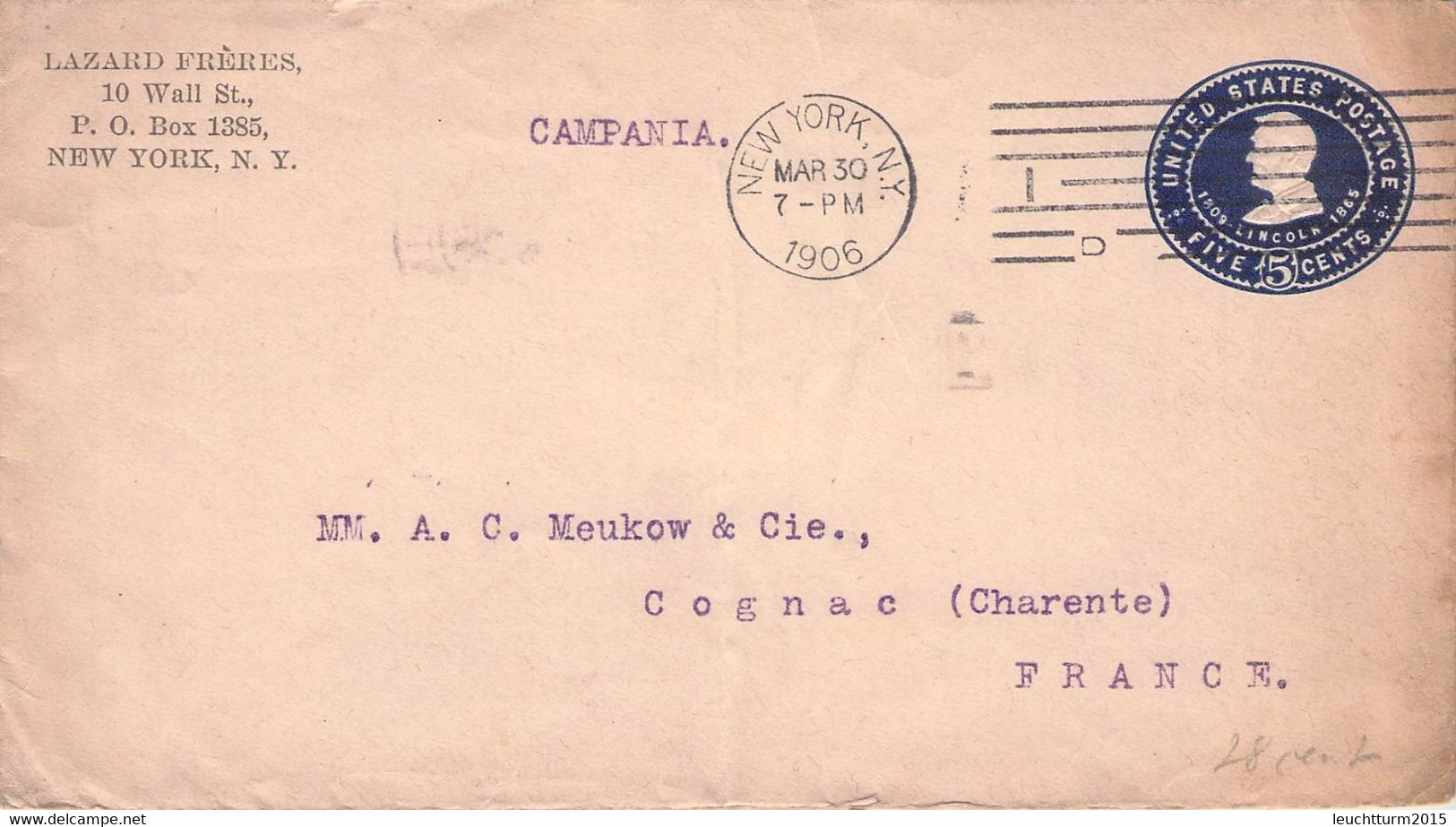 USA - STATIONARY ENVELOPE 5c NY > COGNAC/FRANCE 1906  Sc #U394 /AS236* - 1901-20