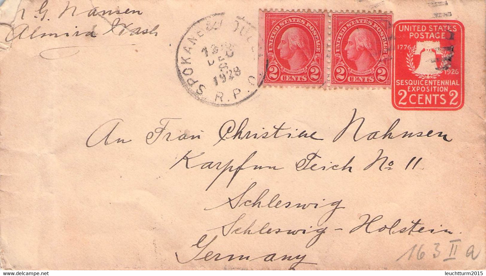 USA - STATIONARY ENVELOPE 2c SPOKANE - SCHLESWIG/GERMANY 1928 Sc #U522/ AS239 - 1921-40