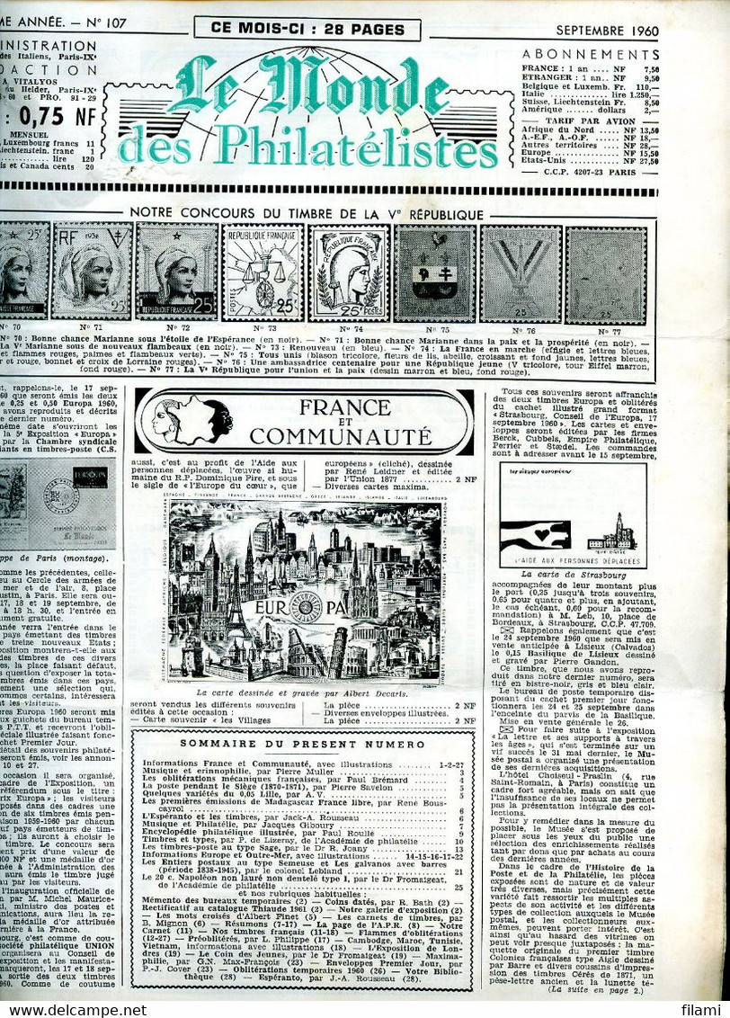 Le Monde Des Philatelistes Septembre 1960,erinnophilie,Lille 0.05,Madagascar France Libre,Sage,Semeuse Entiers,Napoleon - Frans (vanaf 1941)