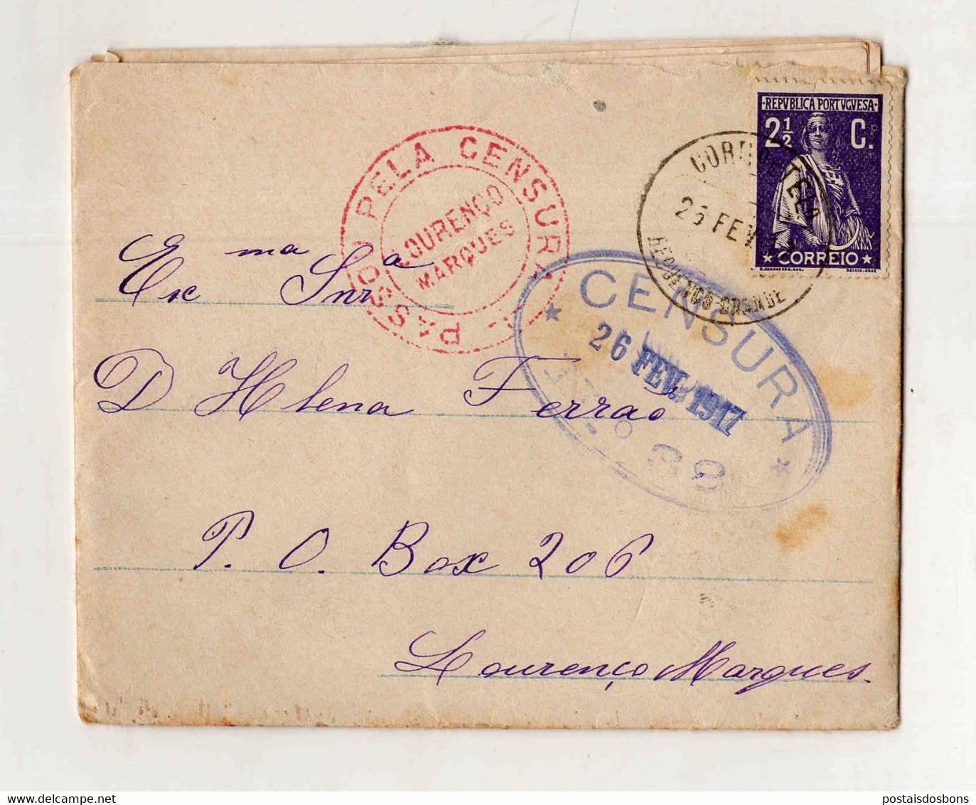 Cx15 103) Portugal Ceres 1917 Censura Lx E Lourenço Marques > Esposa Governador De Moçambique - Brieven En Documenten