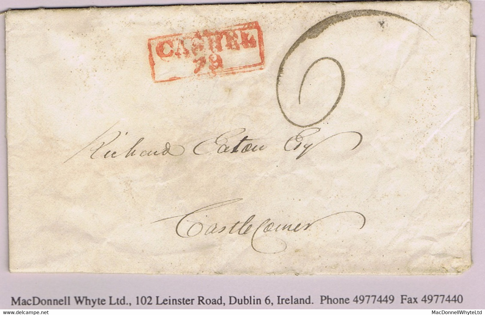 Ireland Tipperary 1823 Framed 2-line CASHEL 79 Town Mileage Mark In Red On Entire Letter To Castlecomer, Charged '6' - Prephilately