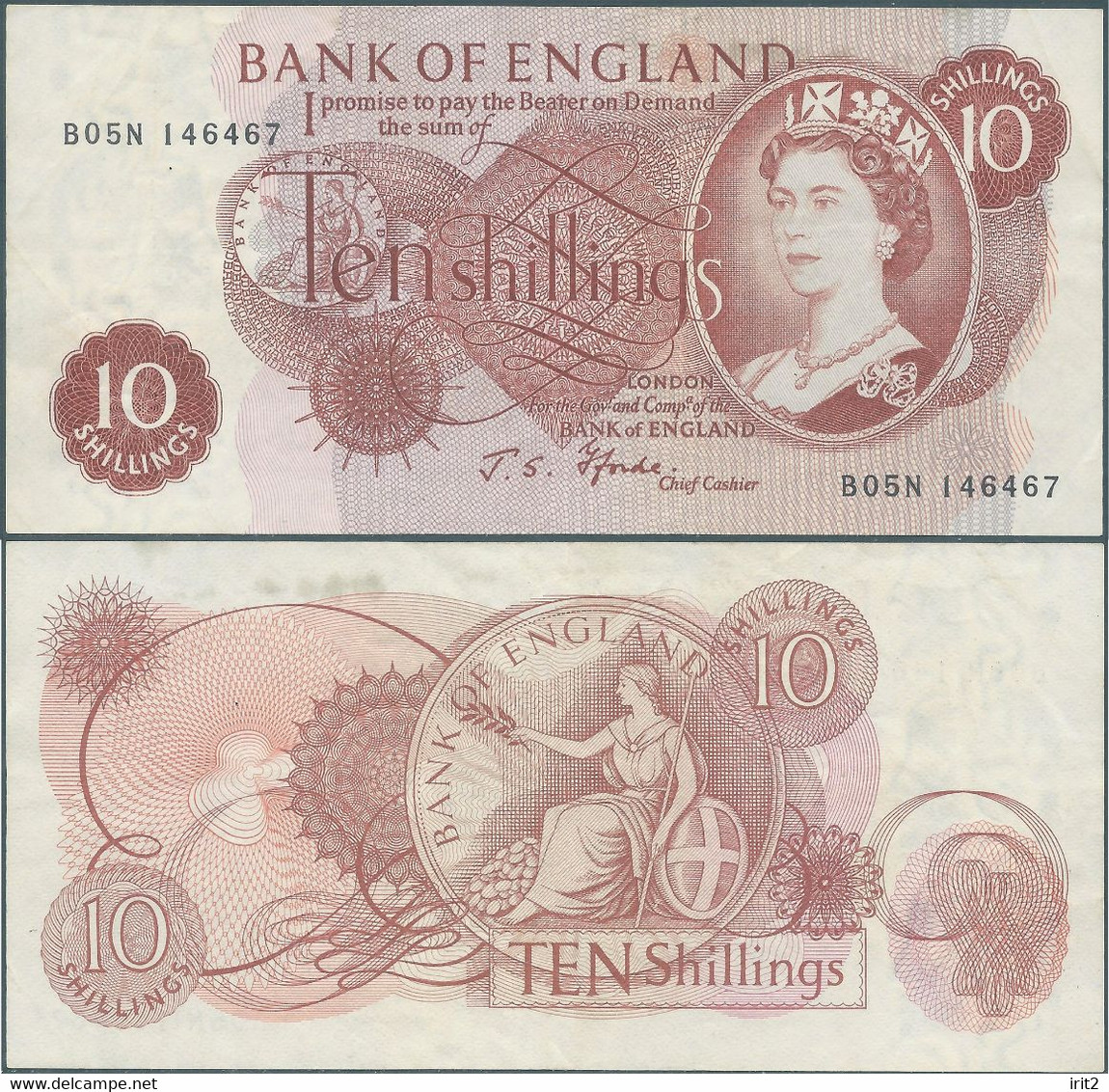 BANKNOTE 1960 -70 United Kingdom - Great Britain-ENGLAND,Elizabeth II ,10 Shillings - 10 Schilling