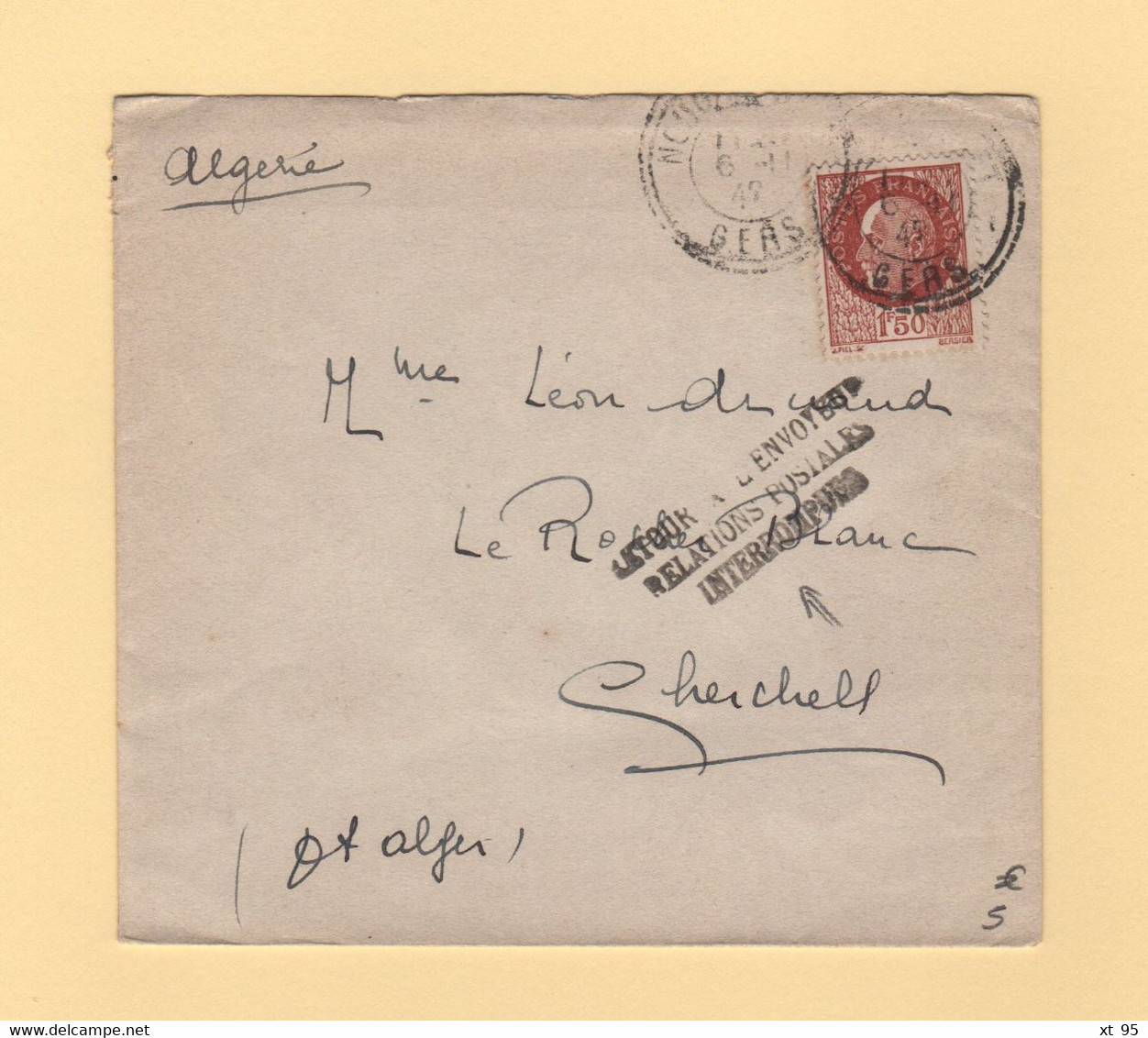 Retour A L Envoyeur Relations Postales Interrompues - 1942 - Gers Destination Chercell Algerie - 2. Weltkrieg 1939-1945