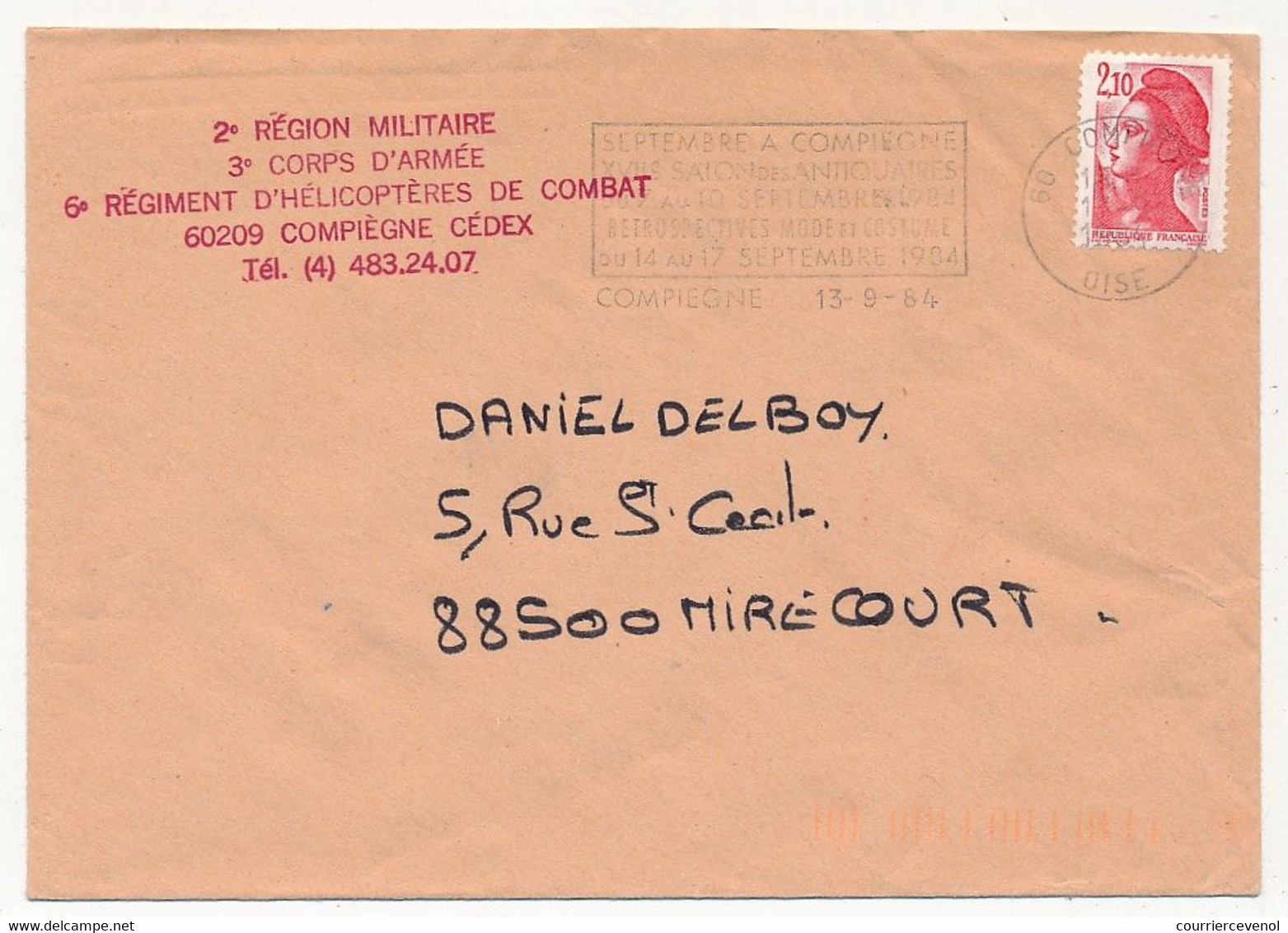 FRANCE - Env. Affr 2,10 Liberté, Compiègne 1984 - Cachet Rouge 6eme Régiment D'Hélicoptères De Combat - Hélicoptères