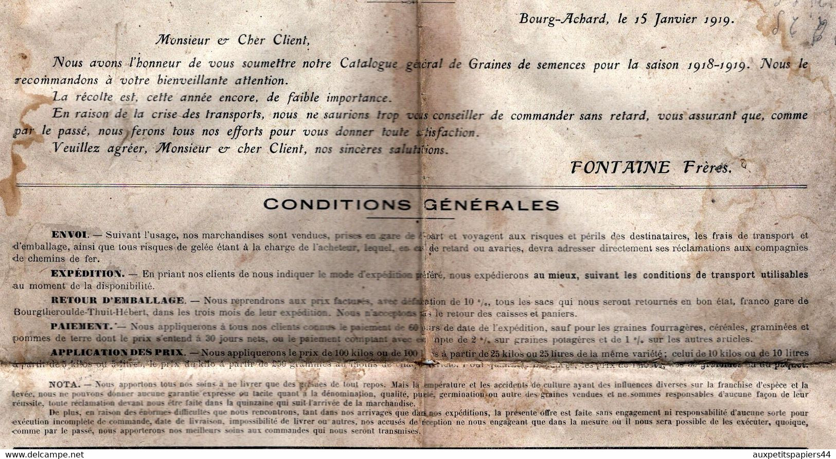 Catalogue Général de Graines de Semences pour Cultivateurs & Maraichers par FONTAINE FRERE Bourg-Achard 27310 en1918