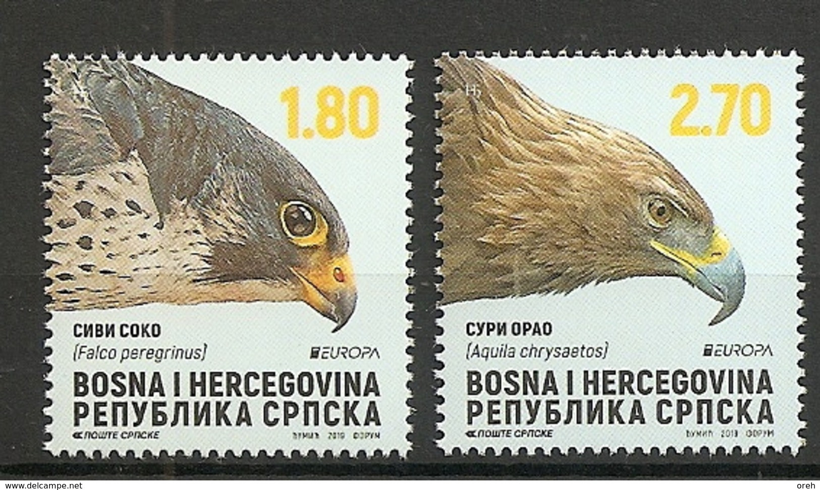 BOSNIA AND HERZEGOVINA 2019,SERBIA BOS,EUROPA CEPT,NATIONAL BIRDS,EAGLES,,AQUILA CHRYSAETOS,FALCO PEREGRINUS,,,MNH - Bosnië En Herzegovina