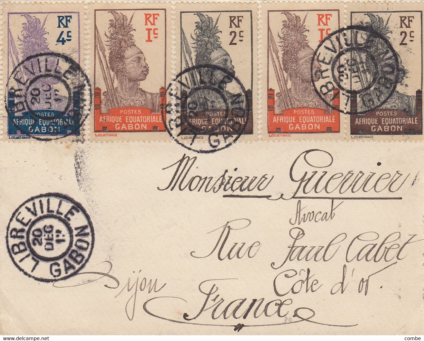 LETTRE GABON. 20 DEC 1913. AFFR. COMPOSÉ GUERRIERS. LIBBREVILLE POUR PARIS. ARRIVEE 12 JAN 14 - Covers & Documents