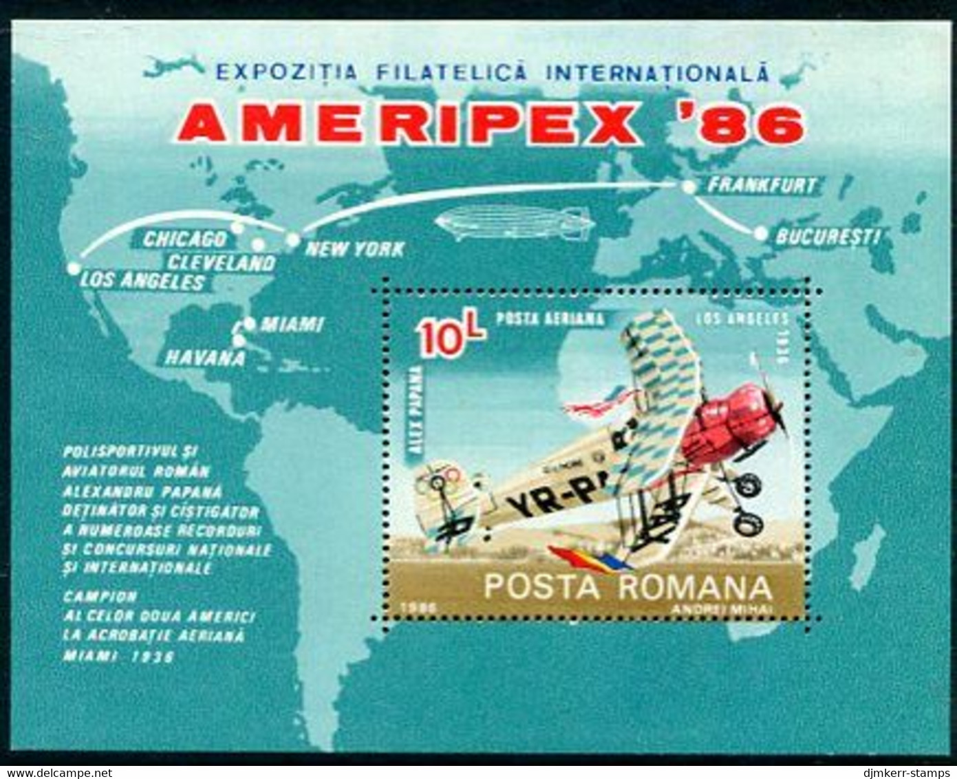 ROMANIA 1986 AMERIPEX '86 Exhibition Block MNH / ** .  Michel Block 227 - Ungebraucht