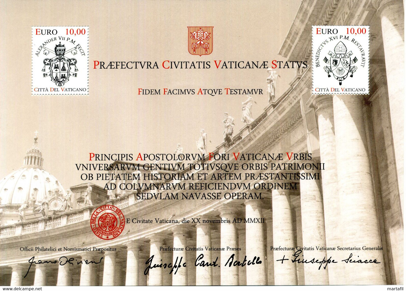 2012 VATICANO BF 110 MNH ** Restauro Colonnato Piazza San Pietro 10€+10€ - Blocks & Sheetlets & Panes