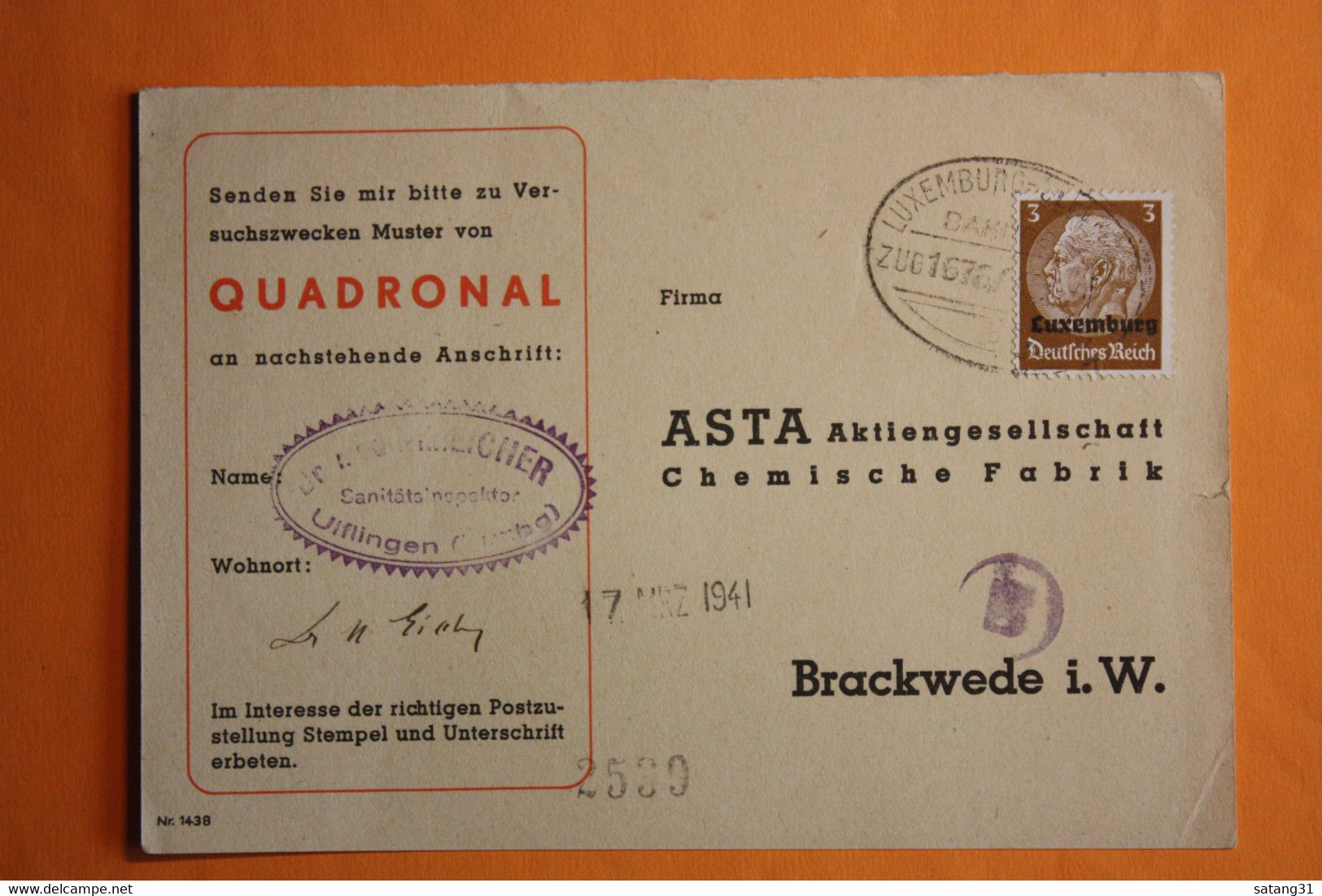 POSTKARTE MIT BAHNPOSTSTPL. "LUXEMBURG-ULFLINGEN". - 1940-1944 Duitse Bezetting