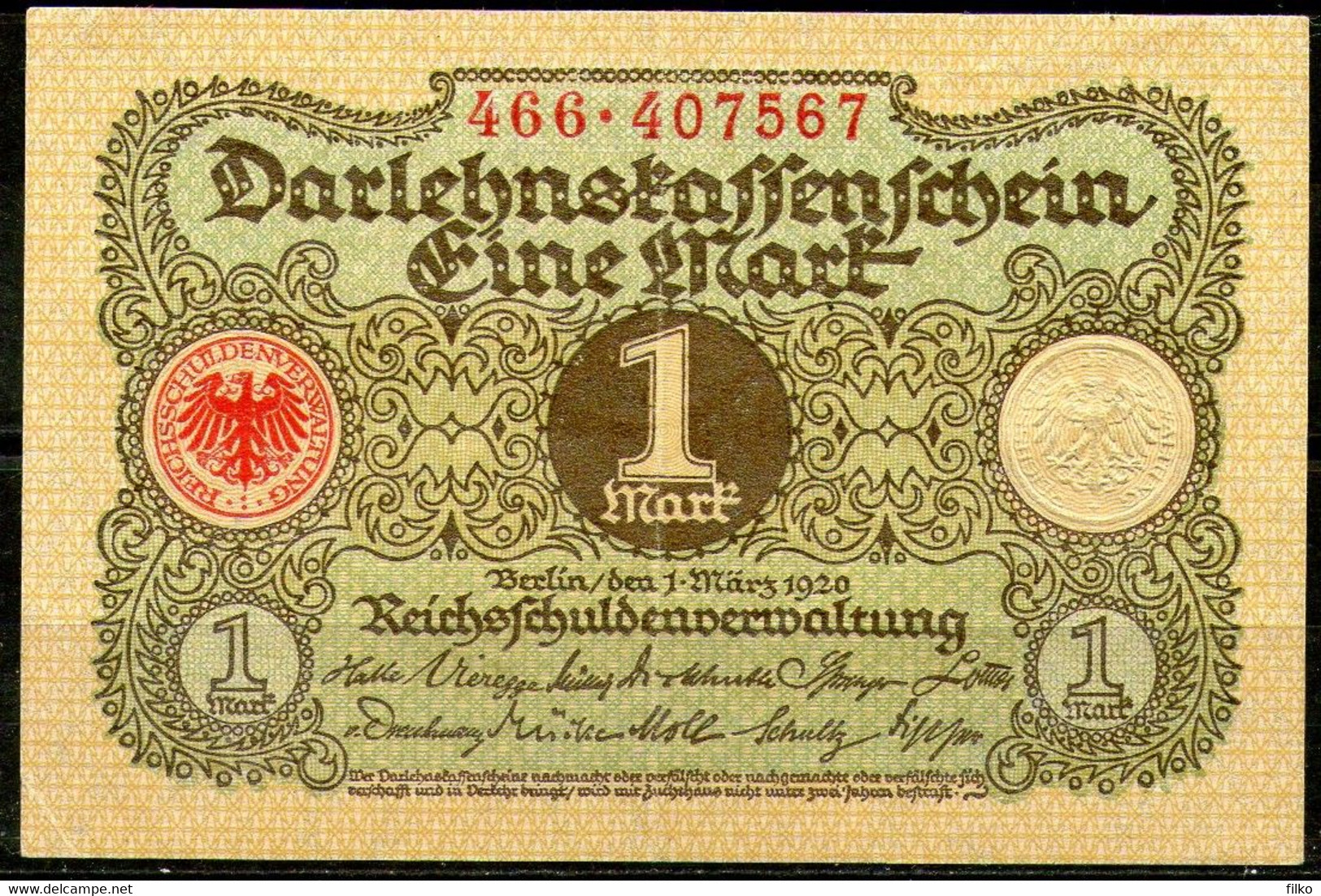 Deutsches Reich,1920,P.58, 01.03.1920, 1 Mark,as Scan - Administration De La Dette