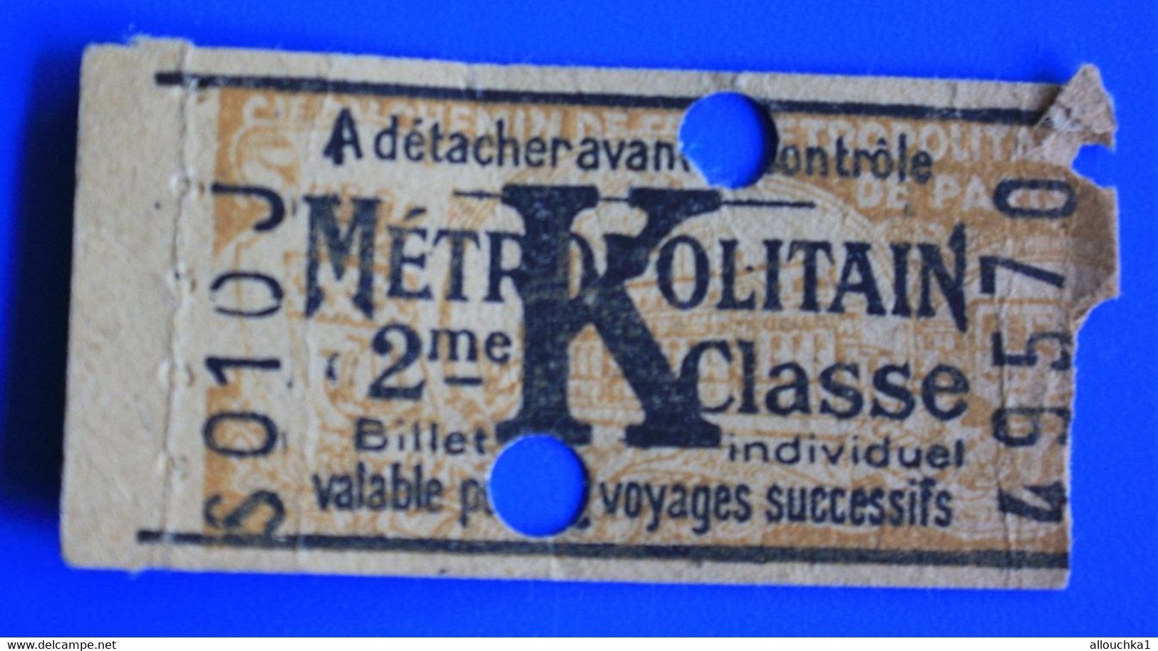 R.A.T.P.-MÉTROPOLITAIN MÈTRO K -Chemins De Fer-Titre De Transport Ticket Billet 2é Classe Europe-☛Rare--poinçons Trous R - Europa