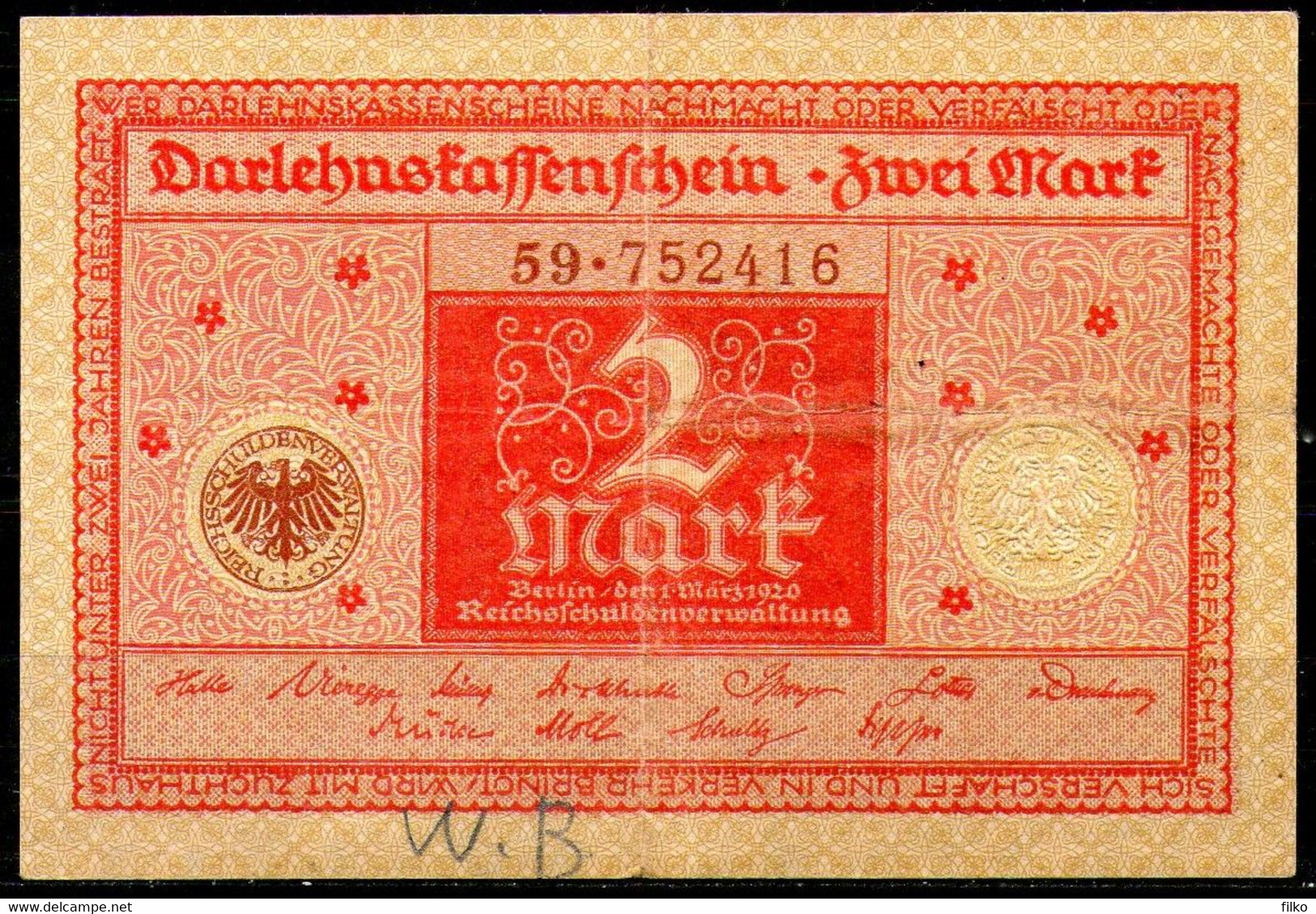 Deutsches Reich,1920,P.59, 01..03.1920, 2 Mark,as Scan - 2 Mark