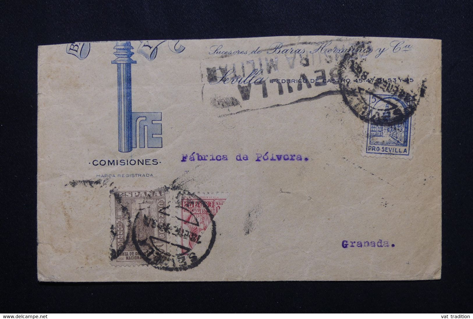 ESPAGNE- Enveloppe Commerciale De Séville Pour Granada Avec Demi Timbre En Affranchissement +timbre De Sévilla - L 72047 - Republikanische Zensur