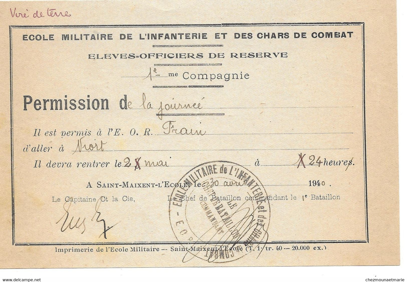 PERMISSION ECOLE MILITAIRE INFANTERIE ET CHARS DE COMBAT EOR FRAIN POUR NIORT SAINT MAIXENT 1940 - Documenti