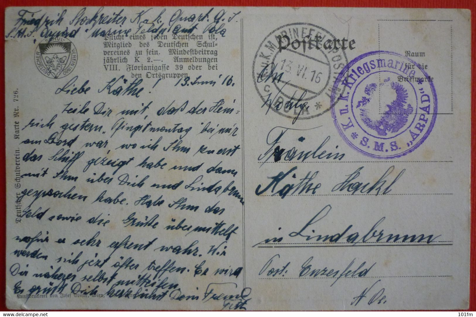 K.U.K. MARINEFELDPOSTAMT - OSTERREICHISCHEN FLOTTENVEREIN , S.M.S. ARPAD KRIEGSMARINE STAMP - Guerra 1914-18