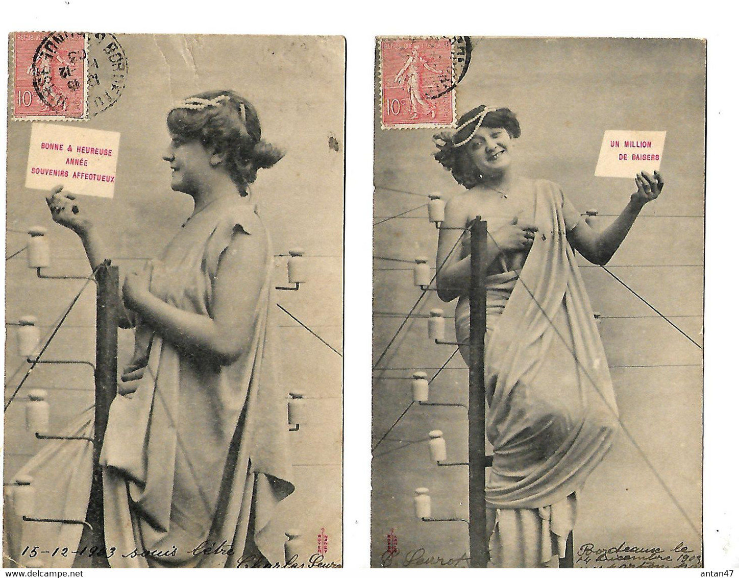 2 CPA 1903 / Jeune Femme, Télégraphe, Bonne Année, Un Million De Baisers / Editeur ROYER Nancy - Royer
