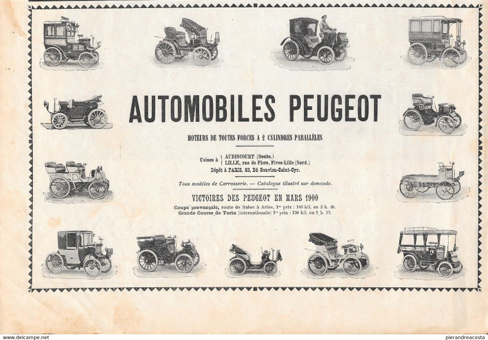 Automobile Peugeot.  Advertising  1900 - Estampas & Grabados