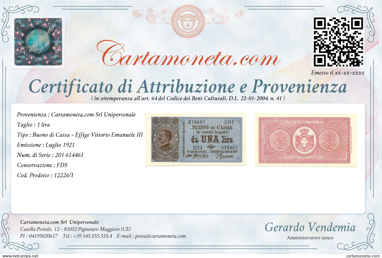 1 LIRA BUONO DI CASSA VITTORIO EMANUELE III PORENA LUGLIO 1921 FDS - Regno D'Italia – Other