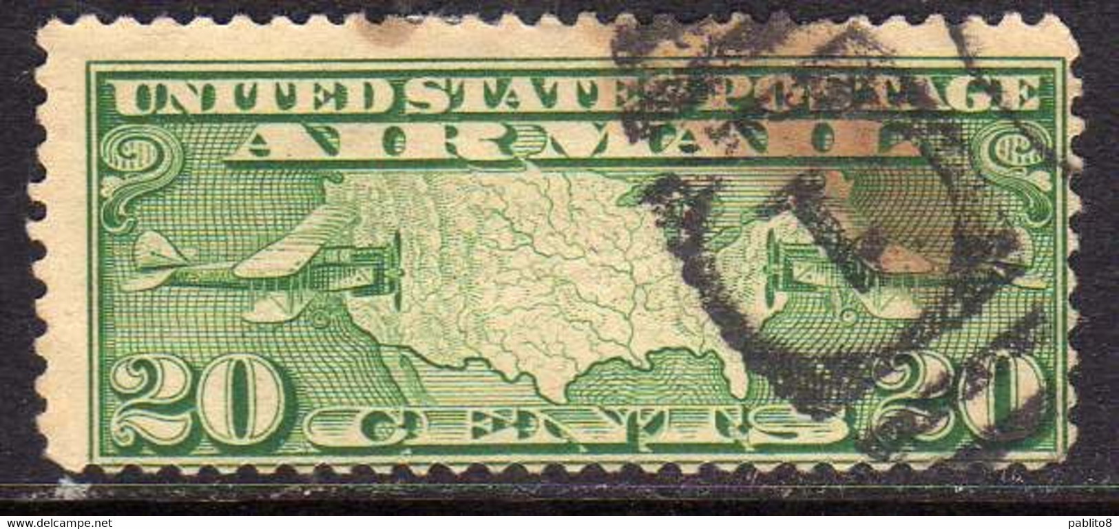 USA STATI UNITI 1926 1926  AIR MAIL POSTA AEREA MAP OF U.S. AND TWO MAIL PLANES CENT 20c USED USATO OBLITERE' - 1a. 1918-1940 Used