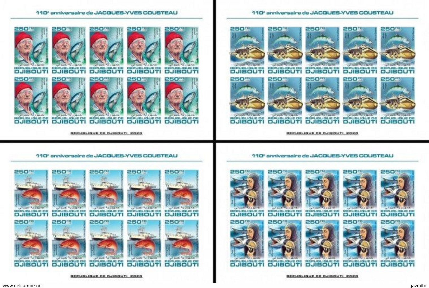 Djibouti 2020, J. Cousteau, Fish, Boat, Sheetlet IMPERFORATED - Tauchen