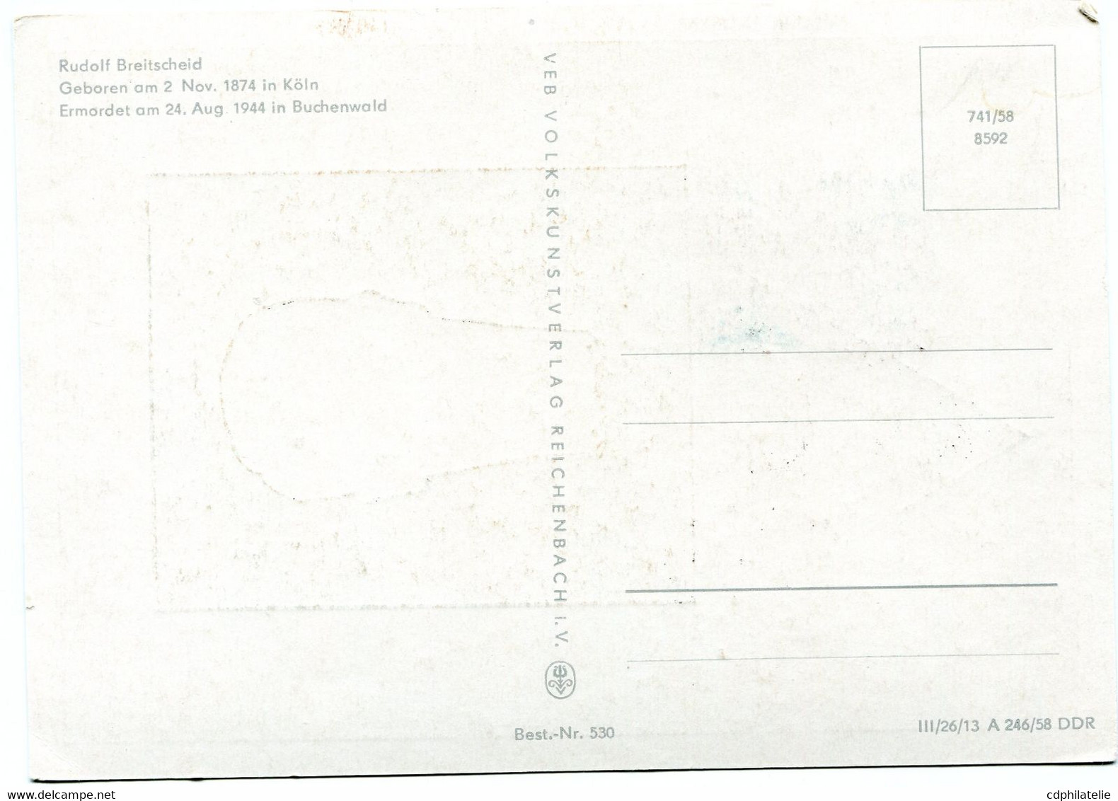 ALLEMAGNE ORIENTALE CARTE MAXIMUM DU N°334 RUDOLF BREITSCHEID  AVEC OBLITERATION BERLIN 14-9-58 - Cartes-Maximum (CM)