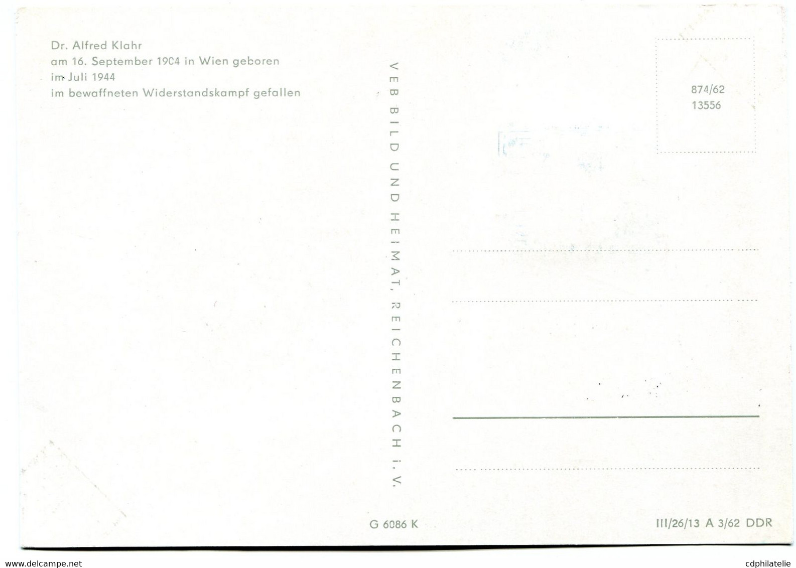 ALLEMAGNE ORIENTALE CARTE MAXIMUM DU N°631 ALFRED KLAHR  AVEC OBLITERATION BERLIN 4-10-62 - Cartes-Maximum (CM)
