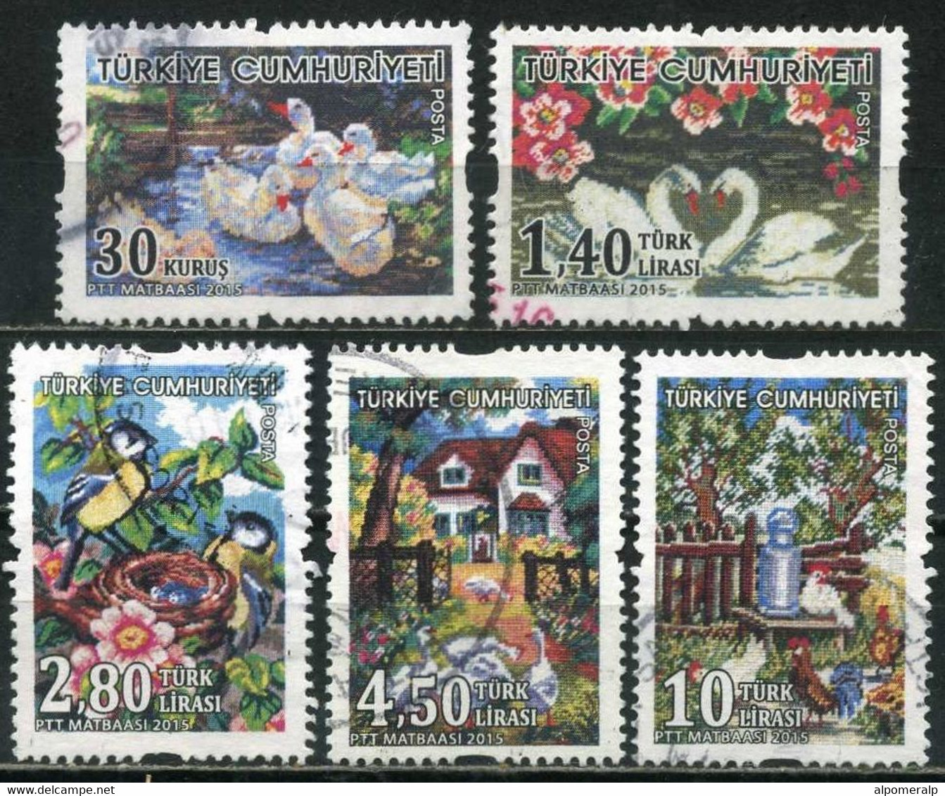 Türkiye 2015 Mi 4194-4198 Handicrafts (Gobelin / Goblen Tapestry), Embroidery, Textile, Art, Bird, Fauna - Used Stamps