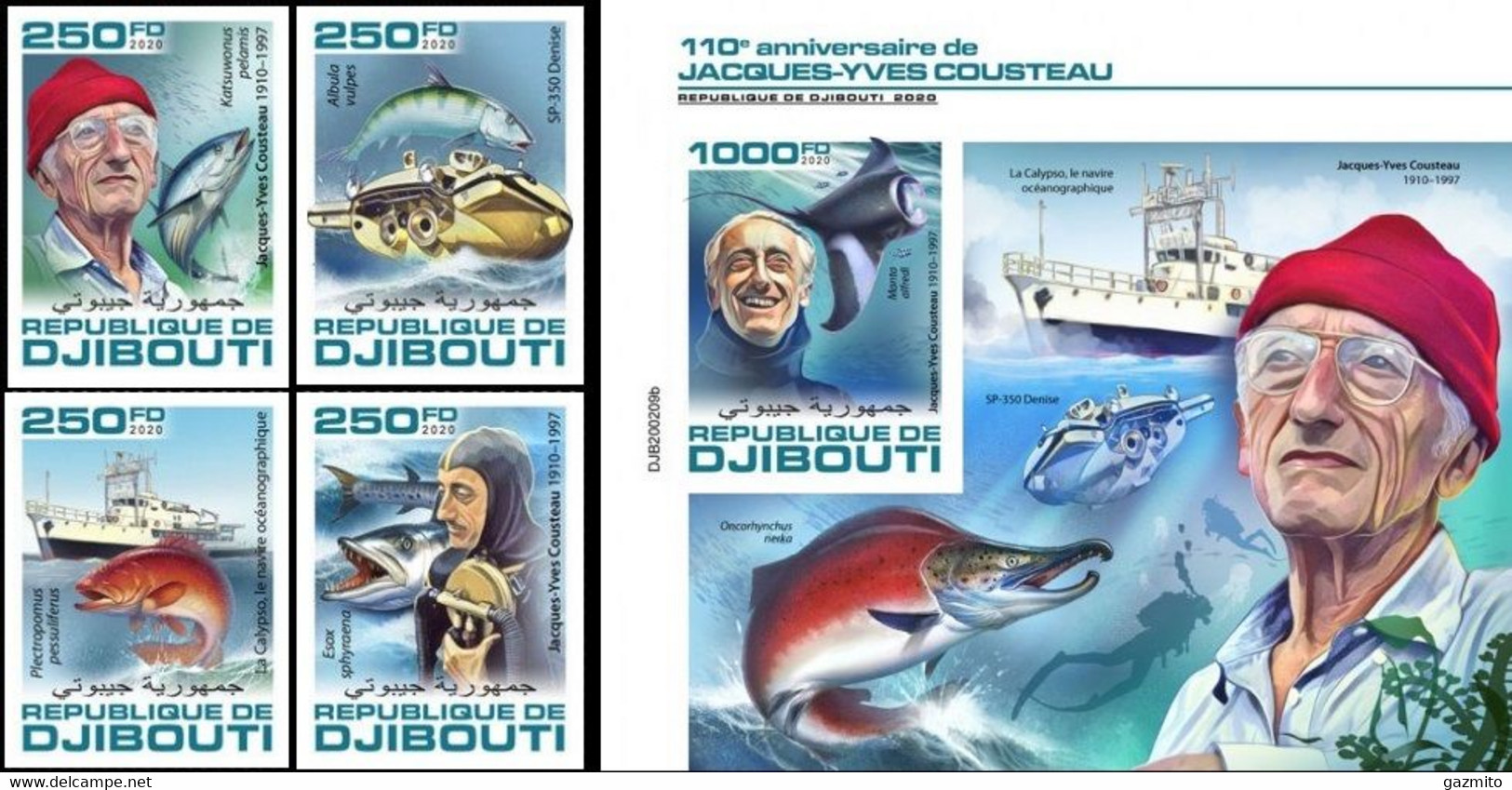 Djibouti 2020, J. Cousteau, Fish, Boat, 4val +BF IMPERFORATED - Plongée