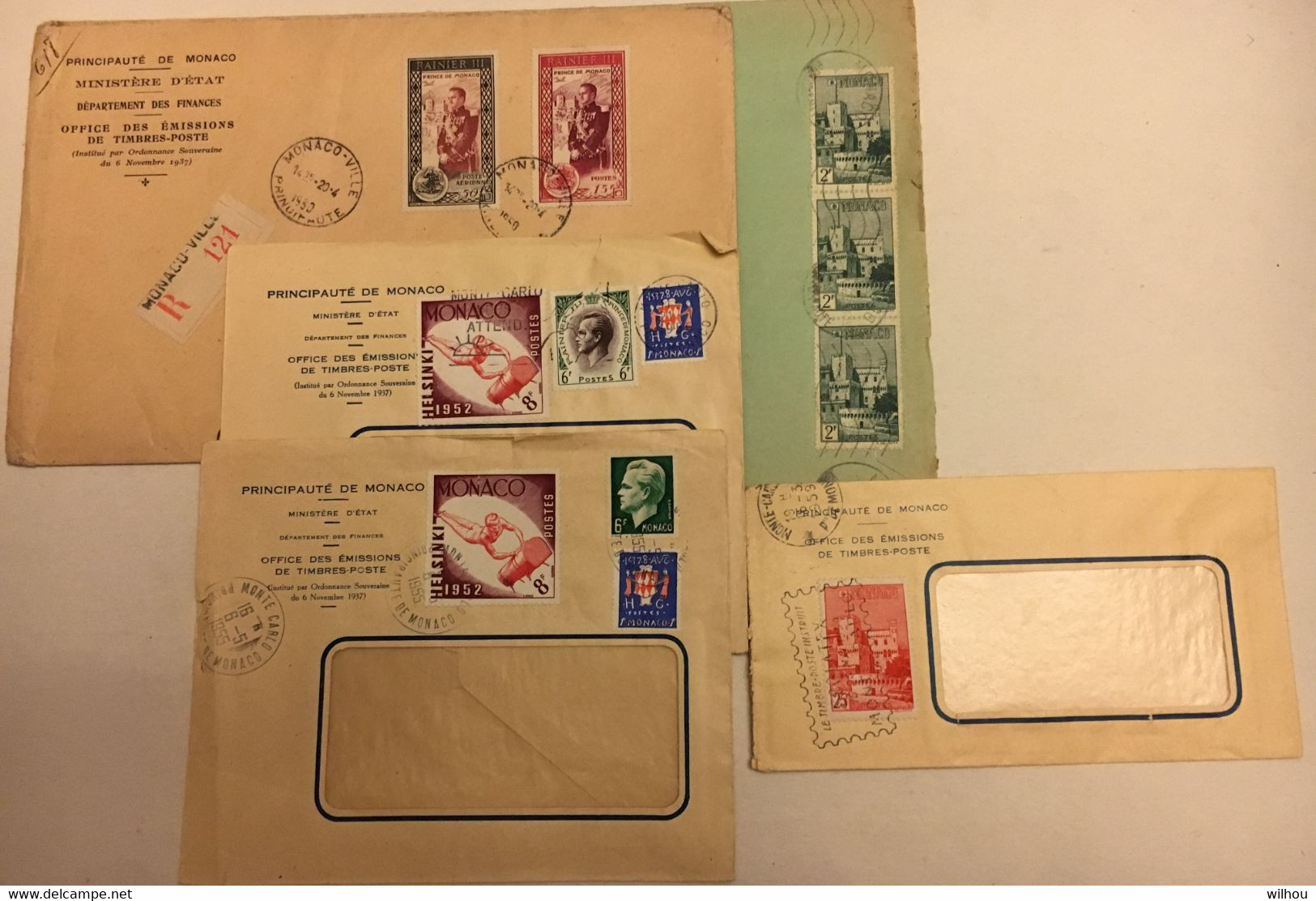 LOT DE 5 ENVELOPPES OBLITEREES AU TOTAL 12 TIMBRES INTACTS Dont 2 Timbres Mariage RAINIER 1950 - Marcofilia