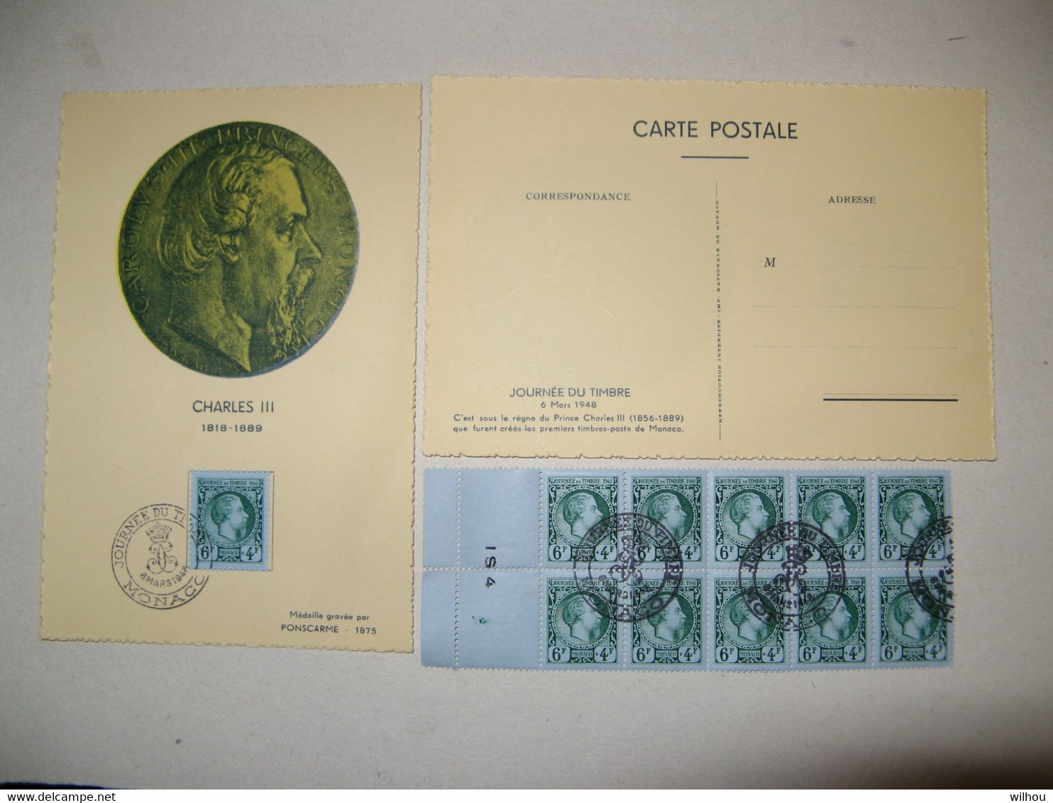 CARTE MAXIMUM CHARLES III DATEE 6/03/1948 JOURNEE DU TIMBRE + 10 TIMBRES OBLITERES N° 301 - Maximum Cards