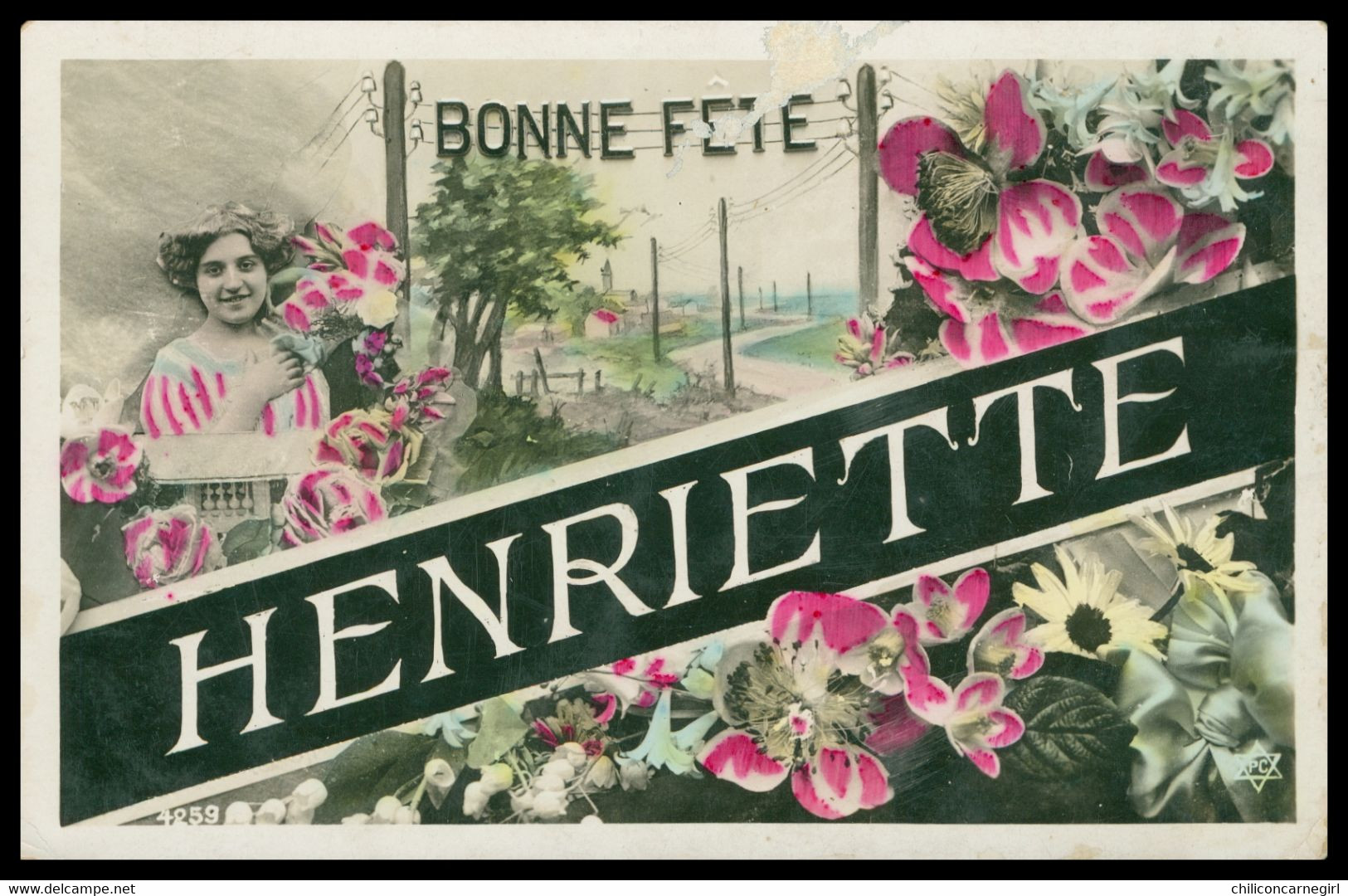 Cp Glacée - Bonne Fête - HENRIETTE - Montage - Femme - Fleurs - Edit. P.C. - Prénoms