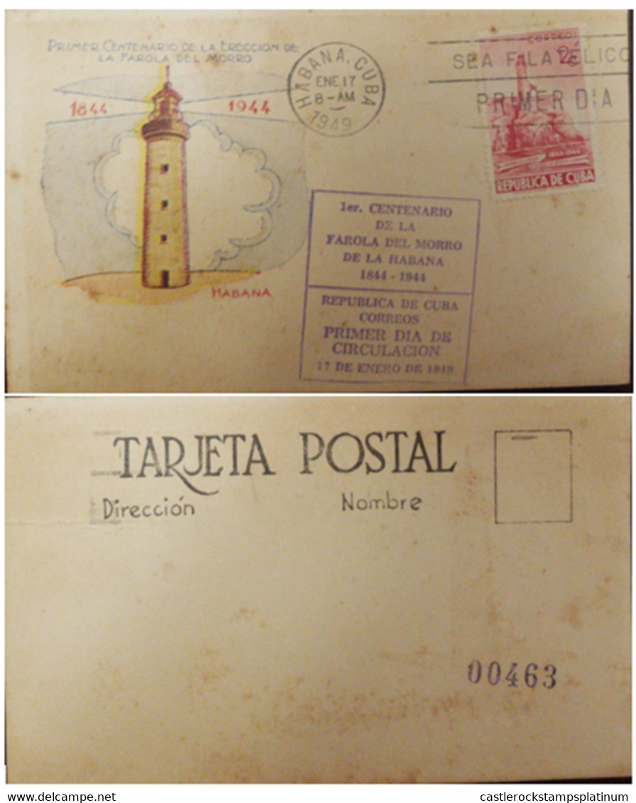 A) 1949, CUBA, CENTENARY OF THE LIGHTHOUSE OF THE MORRO OF HAVANA, FDC - Cartes-maximum