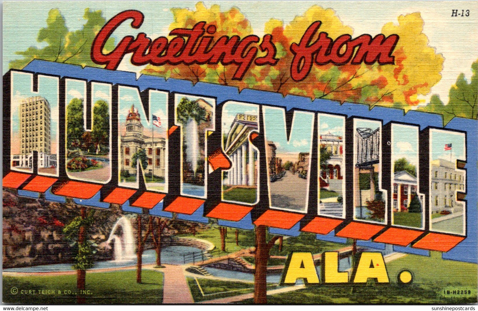 Alabama Huntsville Greetings Large Letter Linen Curteich - Huntsville