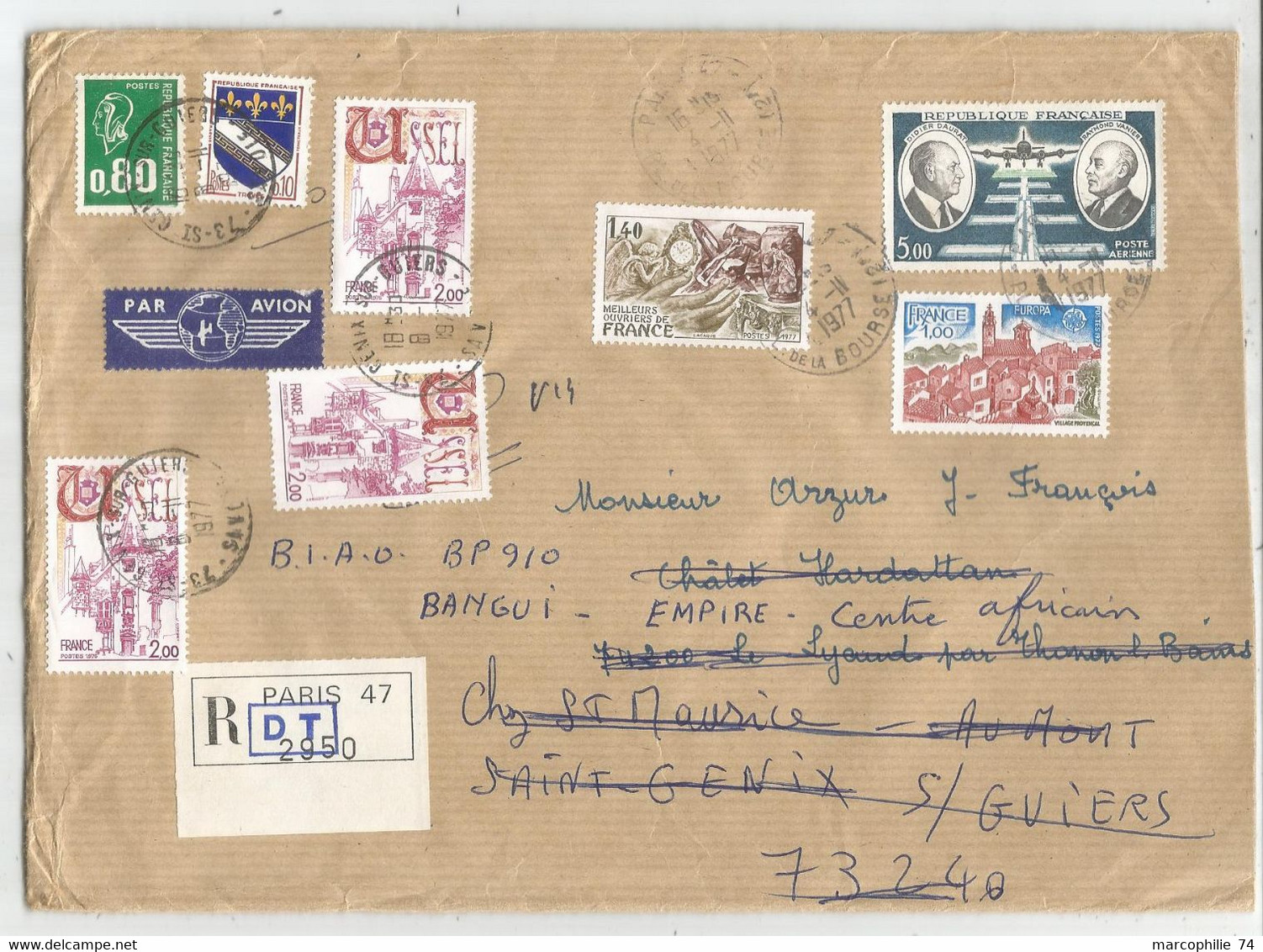 PA 5FR+1FR40+1FR LETTRE REC PARIS 1977 POUR SAVOIE REEXPEDIEE BEQUET + BLASON 10C + 2FRX3 POUR CENTRAFIQUE - 1961-....