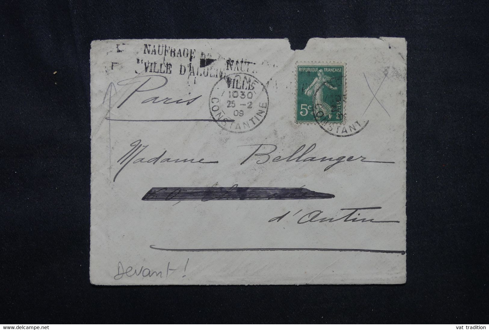 FRANCE - Griffe " Naufrage De La Ville D'Alger " Sur Devant D'enveloppe De Bone Pour Paris En 1909 - L 72090 - Lettres Accidentées
