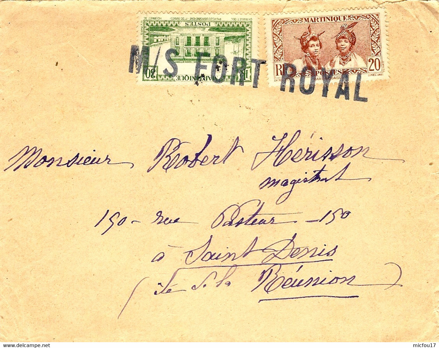 Sans Date - 33 / Juin 37  - Enveloppe De La Martinique Affr. 50 C Oblit. Linéaire  M / S FORT ROYAL  Pour La Réunion - Brieven En Documenten