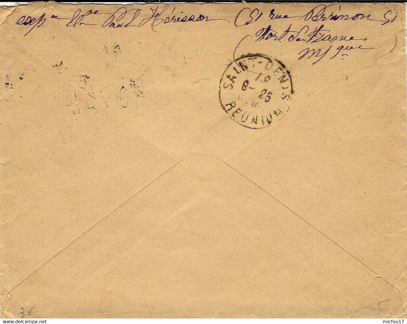 Sans Date - 33 / Juin 37  - Enveloppe De La Martinique Affr. 50 C Oblit. Linéaire  M / S FORT ROYAL  Pour La Réunion - Briefe U. Dokumente