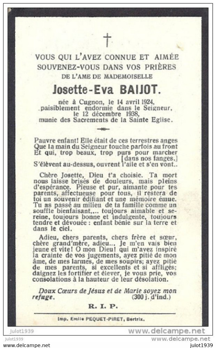 CUGNON ..-- Mademoiselle Josette BAIJOT , Née En 1924 , Décédée En 1938 à CUGNON . - Bertrix