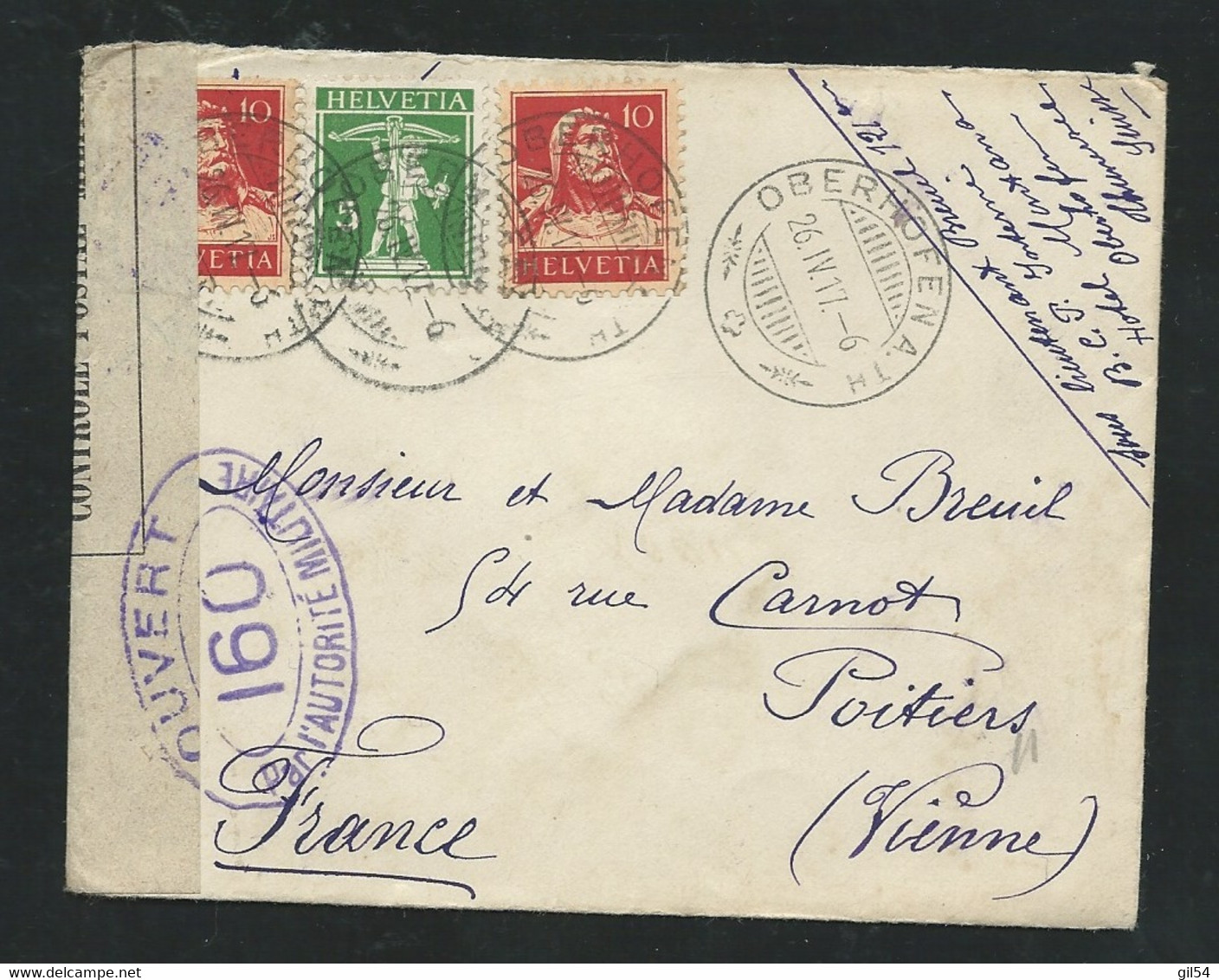 LSC En Provenance De Suisse En Avril  1917 Avec Marques Et Bande De Censure Militaire , Cad Oberhofena.th   - LL18920 - Guerra Del 1914-18