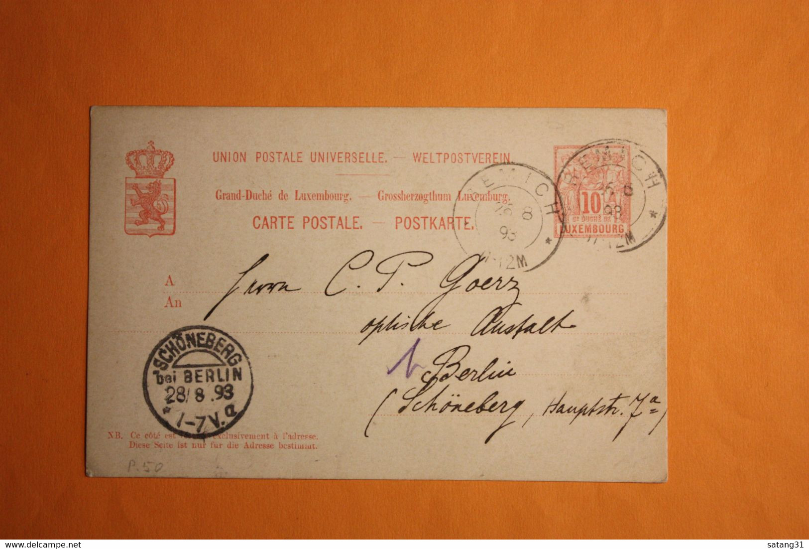 GS VON EINER APOTHEKE IN REMICH AN DIE OPTISCHE ANSTALT GOERZ IN BERLIN,1893. - Stamped Stationery