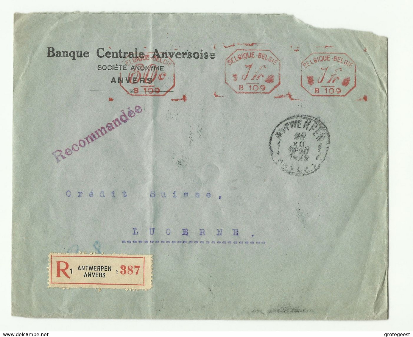 Lettre Recommandée Avec Affr. 2x1Fr./B109 + 60c./B100 Obl. Sc ANTWERPEN 30-XII-1925 Vers Lucerne (CH) - 16286 - Sonstige & Ohne Zuordnung