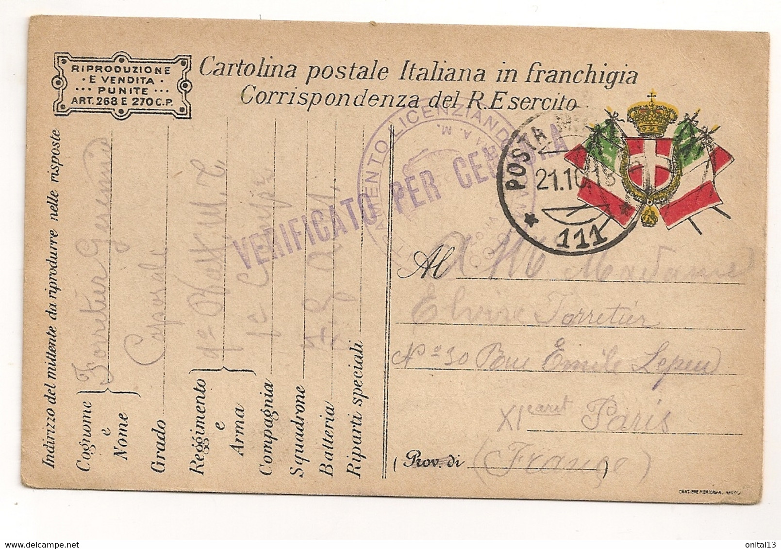1918 CARTE DRAPEAUX POSTA MILITARE 111 /  ALBANIA A PARIS / CENSURE C1132 - Albania