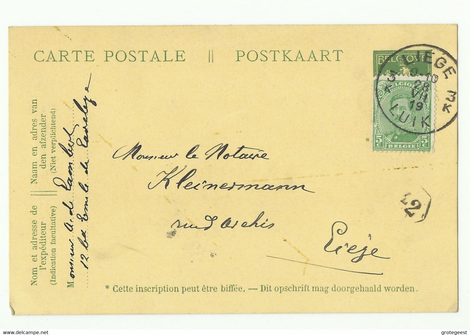 E.P. Carte 5 Cent. Pellens (démonétisée) + Tp N°137 Obl. Sc LIEGE 3 Du 28-VII-1919 Vers Liège . - 16297 - Tarjetas 1909-1934