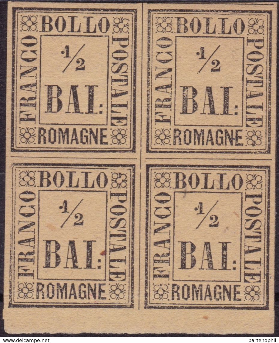 Romagne - 023 ** 1859 - ½ Baj Giallo Paglia In Blocco Di Quattro N. 1. Varie Firme Al Verso. Cat. € 1000,00. SPL - Romagna