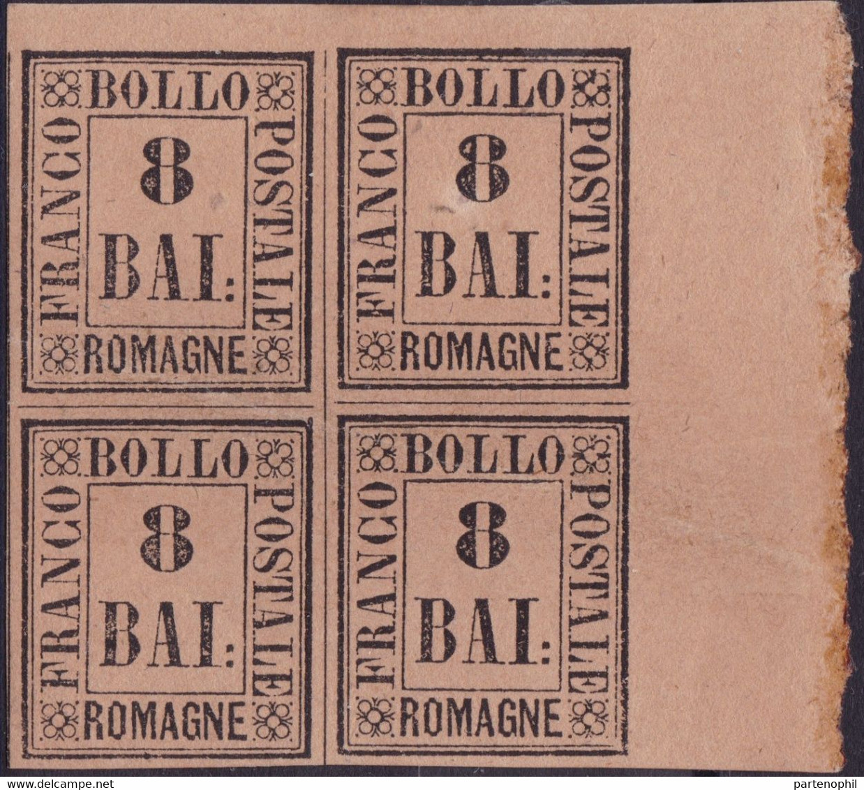 Romagne - 024 ** 1859 - 8 Baj Rosa In Blocco Di Quattro Con Bordo Di Foglio Destro N. 8. Cat. € 3100,00. Cert. Biondi. S - Romagne